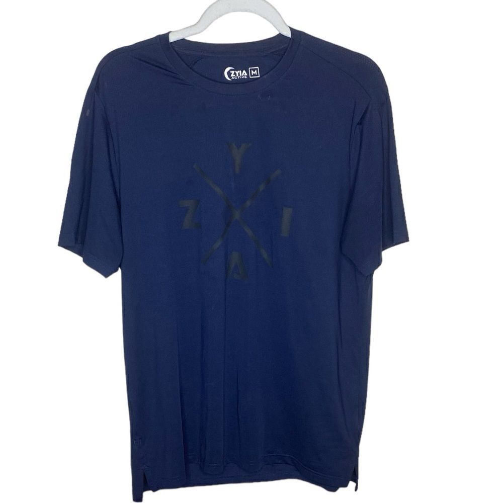 ZYIA Active Men’s Sz Med Navy Blue Gray Design Short Sleeve Tee Shirt